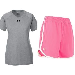 Under Armour Women’s Heatgear Tech Locker Tee Shirt & Shorts Set Outfit Sz S M
